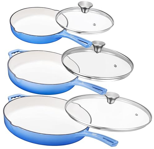 Bruntmor Enameled Cast Iron Frying Pan Set - 8 10 12 Blue Enamel Nonstick Skillets with Tempered Glass Lid - Oven Safe Egg and Grill Pan Set for Cooking, Searing, and Frying