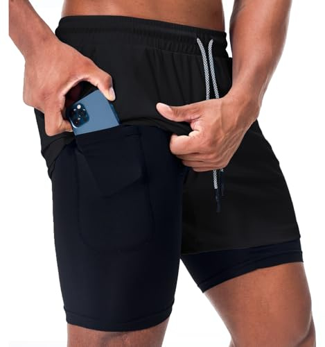 Surenow Men's 2 in 1 Running Workout Shorts Athletic Gym 7 Shorts for Men