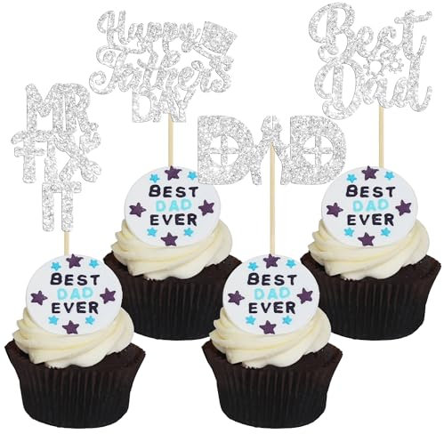 24 PCS Happy Father's Day Cupcake Toppers with Hat Tool Theme Silver Glitter Best Dad Cupcake Picks Dad Birthday Decorations for Fix It Theme Father's Day Dad Birthday Party Supply