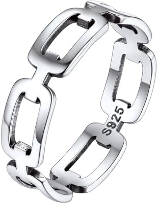 Silvora S925 Silber Damen Ring Kette Design Fingerring 5mm breit Schmaler Stapelbarer Panzerkette Ring Kubanische Kette Siegelring in Silber Ringgröße 57（18.1） Mode Accessoires für Männer Frauen