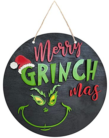SUPYINI Weihnachtskranz Grinch Kranz Türkranz Weihnachtsdeko Grinch Türschild aus Holz Weihnachten Holztürschild Türhänger Grinch Deko für Fenster Mauer Tür Bauernhof Innen Außen Dekoration(C)