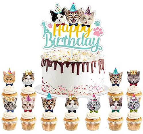Katze Cupcake Topper Katzen deko Geburtstag 17 Stück Tortendeko Katze katzen Geburtstag deko Happy Birthday Tortendekoration für Kinder Pet Birthday Party Accessories