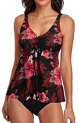 Windsfinr Tankini para mujer, traje de baño de dos piezas, push-up, acolchado, bañador de cintura alta, traje de baño deportivo con pantalones cortos, rojo, L