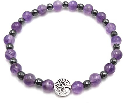 Bracelet Améthyste et Hématite en Pierres Naturelles Qualité AAA avec Arbre de vie argenté | Taille personnalisée de 12 à 22 cm au choix | Perles rondes 4 et 6 mm | Création Artisanale Française