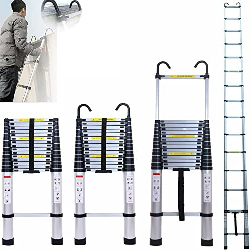 Telescopic Aluminum Ladder, 6.2M/20.3FT Telescopic Extension Ladder with Detachable Hooks, Anti-Slip Multi Purpose Extendable Loft Ladder Portable Folding Ladder, 15 Step, Max Load 150kg, EN131