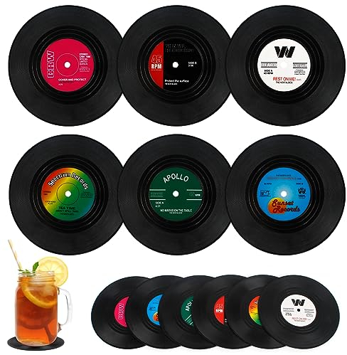 12 Pezzi Sottobicchieri in Silicone, Sottobicchieri di Vinile Dischi CD Retrò Rotondi Tappetino Per Bevande Bicchieri da Vino Musica Classica Tappetino Antiscivolo Tazza per Ufficio a Casa Bar -Nero