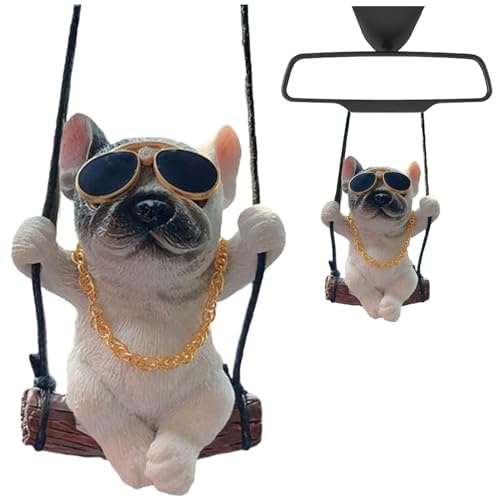 Sasibiyb Auto Rückspiegel Anhänger Figur Paar Süße Ornamente für Auto Auto Spiegel zum Aufhängen Mops Anhänger Auto für Rückspiegel von Autos （Goldene Kette Sonnenbrille Weiße Bulldogge）