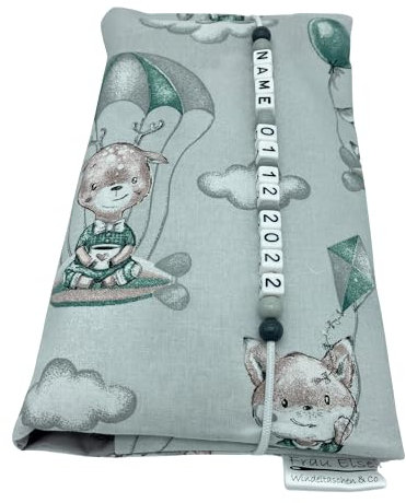 Große Windeltasche XXL mit Name personalisiert Wickeltasche -Reh Bär Hase Fuchs grün grau - für Jungen und Mädchen