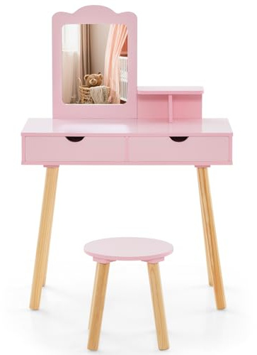 Maxmass 2-in-1 Kids Vanity Table and Stool, Wooden Children Dressing Table Set with Detachable Mirror, 2 Drawers and Open shelf, Princess Makeup Dresser Desk for Girls (Light Pink)
