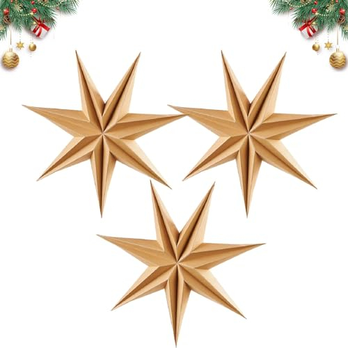 3 farolillos de papel con forma de estrella, color madera, decoraciones navideñas, farolillos de papel para decoración de árbol de Navidad, estrellas de papel colgantes para bodas, cumpleaños