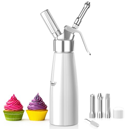 Newaner 500ml Siphon Chantilly, Syphon à crème en Aluminium avec 3 Douilles en Acier Inoxydable et 1 Brosse de Nettoyage, pour décoration gâteaux d'anniversaire pâtisserie crème glacée et Desserts
