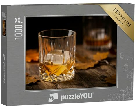 Puzzle 1000 pièces XXL « Verre de Scotch, Whisky et Glace avec des Feuilles d'automne »
