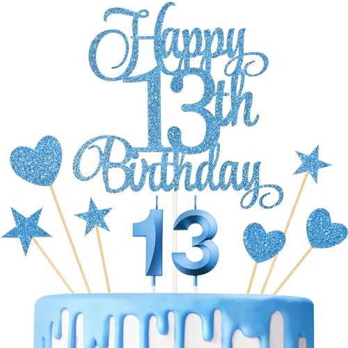 Lecferrarc 13th Birthday Cake Decorations, 13th Birthday Candles Cake Numeral Candles and Glitter Happy 13th Birthday Cake Toppers Set for Birthday Party Supplies (Blue)