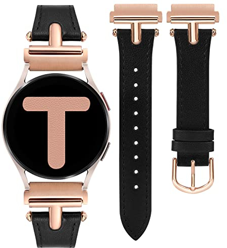 Wearlizer Lederarmband Kompatibel mit Samsung Galaxy Watch 6/7/4/5 Active 2 40mm 44mm Damen, 20mm Uhrenarmband Armbänder für Watch FE 40mm/Watch 6 Classic 43mm 47mm/Watch 3 41mm, Schwarz/Rosegold