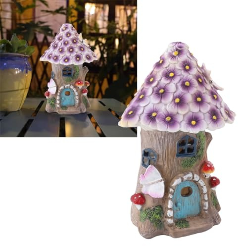 Mushroom House Solar Light, Resin Waterproof Garden Mushroom House Statues, Outdoor Memorial Garden Ornaments Gift, Suitble for Outdoor Garden Lawn Balcony Yard