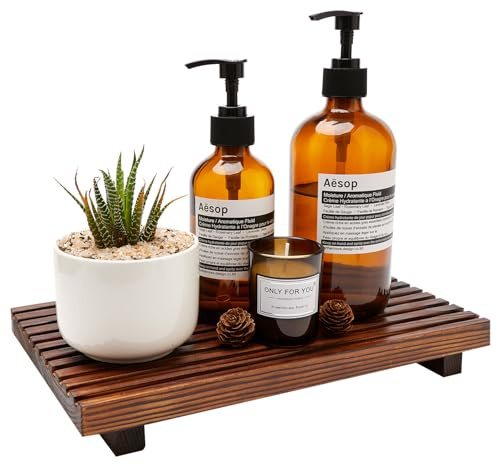Renawe Farmhouse Bathroom Counter Tray Wood Display Pedesta Stand Kitchen Countertop Trays Decorative Wooden Riser Dish Soap Dispenser Holder for Bathroom Sink Accessories Kitchen Decor Vanity Tray