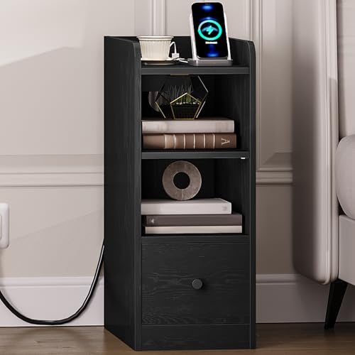 Hzuaneri Sängbord med laddningsstation, USB- och typ C-port, smalt gavelbord med 3 nivåer förvaringsutrymme och 1 låda, nattduksbord för sovrum, vardagsrum, hemmakontor (Svart, 1er Set)