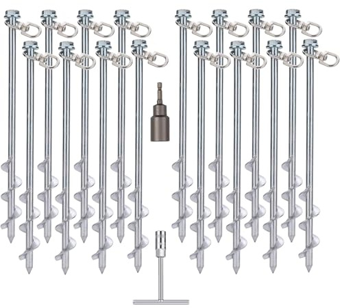30cm Screw in Tent Stakes 16Pcs Set with T-handle hex wrench and Drill Bit- Heavy Duty Ground Stakes for Mobile Home, Shed, Trampoline