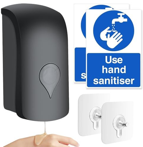 1000ML Soap Dispenser, Wall Mounted Liquid Soap Dispenser, Manual Gel Liquid Shampoo Detergent Container for Bathroom Kitchen Hotel School Office USE HAND SANITISER Sign Stickers (Black)
