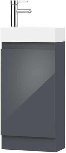 BELOFAY Vanity Unit With Basin, 400mm Floor Standing Bathroom Vanity - Laquered Cloakroom With 1 Tap Hole and Soft Close Hinges With Waste (Denvor Grey)