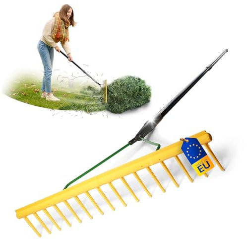 Novatool 2er Set Gartenrechen mit Abziehkante, 16 Zinken und Teleskop-Stiel bis 152cm, Arbeitsbreite 64,5 cm, Rechen aus Kunststoff und Metall, Laubsammler für Garten, Laubrechen, Rasenrechen, Gelb