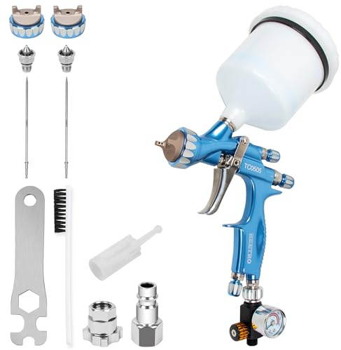 BEETRO Pistolet à Peinture HVLP pour Automobile à Alimentation par Gravité(1.3/1.4mm), Valve de Contrôle de l'Air, Capacité 600ml, 14CFM, 29-32psi, Adaptateur 1/4 et Filtre(Bleu)