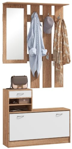 HOMCOM 3-in-1 Flurgarderoben-Set, Walnuss & Weiß | Garderobenpaneel, Spiegel, Schuhbank, 6 Haken, verstellbares Regal