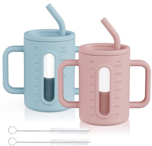 HOTUT 2 st silikonmugg för bebis, barnmugg med sugrörslock och rengöringsborste, 210 ml träningsmugg för barn, 100 % silikon av livsmedelskvalitet, BPA-fri
