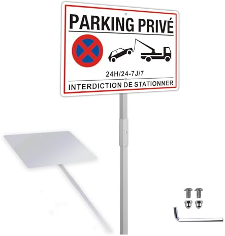 Panneau Parking Privé avec Piquet Aluminium Réfléchissant 20x30cm, Panneau Stationnement Privé PARKING PRIVÉ Panneau Métallique Résistant aux Intempéries, Imperméable et Résistant aux UV
