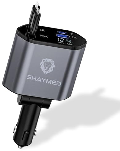 Cargador SHAYMED de Coche rápido 120W con Dos Cables retráctiles USB-C e iPhone, Dos Puertos USB, Compatible con mechero estándar en Cualquier vehículo. ¡Carga Ultra rápida y Ajustable!