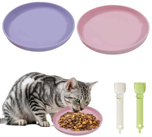 KATLKIU Katzennapf flach, 2er Set Silikon Futternapf Katze mit 2 Katzenfutter Löffel Schieben, rutschfest & leicht zu reinigen Fressnapf Katze, Silikon Katzennapf flach