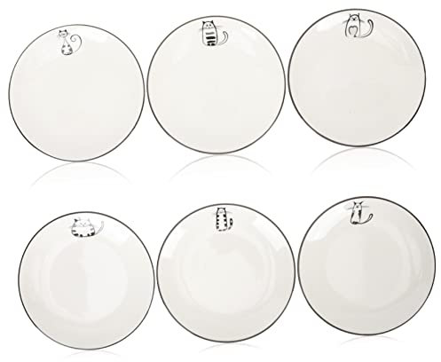 BESTYASH Assiettes en Céramique Japonaises 6 Pièces Noir Bord Chat Taille Moyenne Vaisselle en Céramique Résistant Micro-Ondes Et Lave-Vaisselle Service Repas Famille Fête