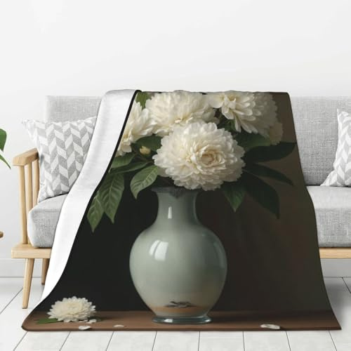 Couverture réaliste à imprimé dahlia blanc n°16 pour canapé, canapé-lit, super douce, légère, confortable, pelucheuse et chaude en flanelle, 101,6 x 76,2 cm, pour toutes les saisons