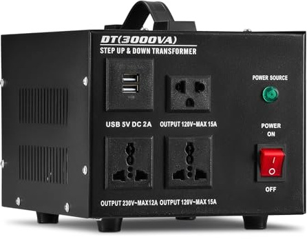 VONLUCE Convertisseur de Tension 3000VA/3000W - Transformateur Élévateur/Abaisseur 220-240V⇄110-120V avec Prise US/EU + 2 Ports USB 5V | Protection Fusible Rechargeable | Pour Appareils US/UE (Noir)