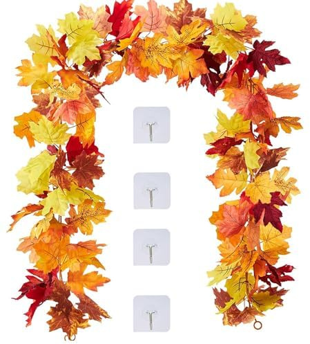 Herbst Girlande Ahornblätter, 176 cm, 2 Stück, Künstliche Ahornblätter Herbst, Herbstblätter Herbstgirlande für Drinnen, Erntedankfest, Halloween, Abendessen, Party, mit 4pcs Transparente Klebehaken