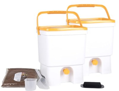 Skaza Bokashi Organko Set (2 x 16 Liter) Küche und Garten Bio Mülleimer - 2X Recyceltem Kunststoff Komposteimer Starterset + inkl. 1 Kg EM Fermentieren Aktivator (Weiß-Gelb)