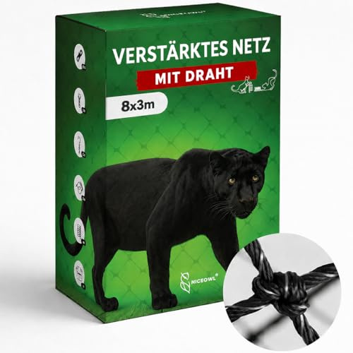 NICEOWL® Terrass kattnät 8 x 3 m förstärkt I robust och hållbart nät I kattskyddsnät för terrass, balkong, fönster etc.