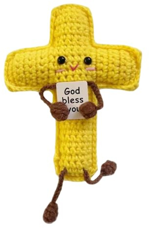 Positive Crochet Cross Christian Emotional Support Gifts with Gold Bless You Card Handmade Crochet Holding Cross Positive Gifts for Christian Believers Faith Encouragement Baptism First Communion Gift