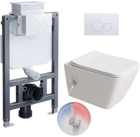 HOROW WC de douche avec réservoir de chasse encastré, élément mural complet avec plaque de déclenchement, WC suspendu avec buse intégrée, WC Taharet avec fonction bidet, eau froide/chaude