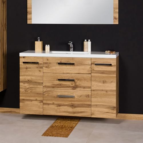 Quentis Badmöbelset Genua 120 cm, Waschtisch und Unterschrank, Eiche Natur | Waschtischunterschrank vormontiert, 4 Softclose-Schubladen, inkl. Waschbecken