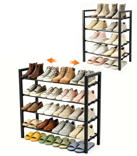 Anhow Ausziehbares Schuhregal Schmal, 4 Ebenen Adjustable Schuhregal Metall, Breite 43 to 78cm, Standregal Schmal Schuhablage Platzsparend für Kleiderschrank, Eingangsbereich, Schlafzimmer - Schwarz