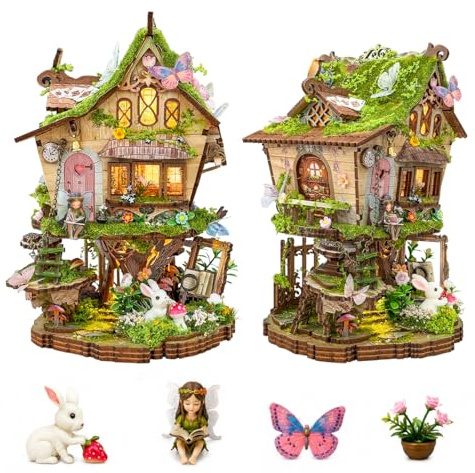 Spilay Kit de casa en miniatura para bricolaje, casa de muñecas en miniatura de árbol de serbal con luz LED, kit de construcción de mini casa, rincón de libros para adultos, decoración creativa de