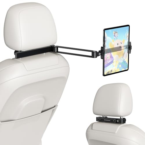 elitehood surfplattehållare bil nackstöd – [lång aluminium utläggningsarm] [ultrakompakt] vikbar iPad-hållare bil för baksätet, utdragbara bilsurfplattefästen för 4,7–13 tums enheter