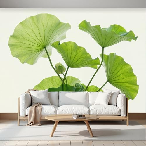Hojas Loto Papel Pintado Fotomurales Para, Zen Minimalista Papel Tapiz Pintado En Tejido de seda - Pared Moderna, Verde claro Murales Fotográficos Decorativos - 250 x 175 cm