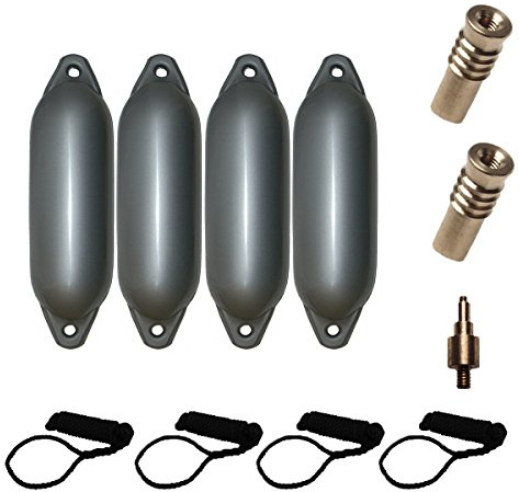 Majoni Komplettset 4er-Set Star 25 Schutzkörper für Boote mit 4 Leinen, 2 Ersatzventilen und 1 Ventiladapter - Silber 58 x 15 cm