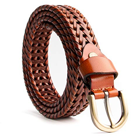 ECHAIN Women Braided Woven Genuine Leather Narrow Belt 25mm Wide (Brown, waist:35-40)