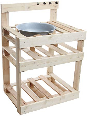 Pflanztisch (80X60cm) mit Schale(Durchmesser(47cm) im Palettenlook und 4 Haken Gartentisch, Pflanzentisch,Gartenregal Regal Garten Terasse Wintergarten Pflanzentisch Gärtnerregal