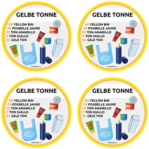 trashnice Yellow Bin Pack of 4 Stickers Multilingual Wheelie Bin Set Waste Bin Stickers 95 mm Yellow Bin, Organic Waste, Paper, Glass, Reusable and Residual Waste
