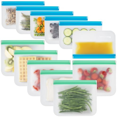 MHSEcoFriendly Reusable Freezer Bags - 12 Pack | M & XL Zip Lock Bags | BPA Free, Washable & Leakproof Food Storage Pouches For Keeping Lunch, Sandwich, Snacks, Fruit, Veg & Soup Fresh for Longer