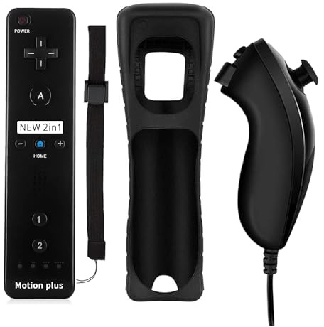 QUMOX Wii Fernbedienung Remote Controller und Nunchuck Controller mit Silikonhülle und Armband-Fein Wrist Strap-Fine Schwarz